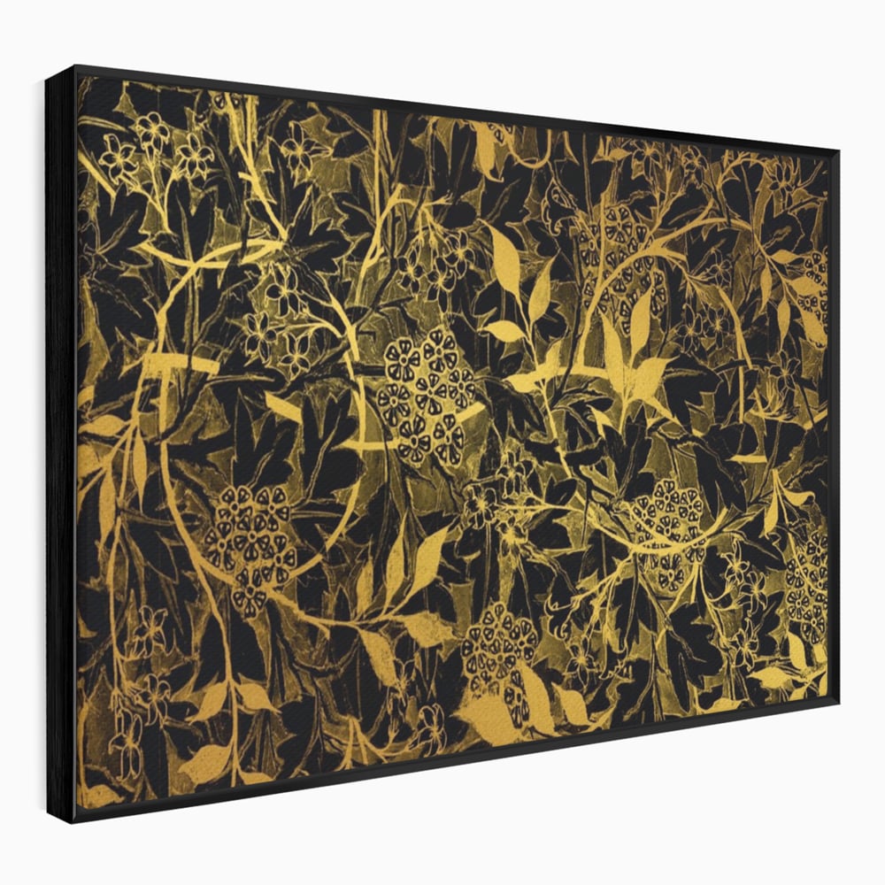Tablou canvas cu model floral auriu pe fond negru, in rama de aluminiu negru
